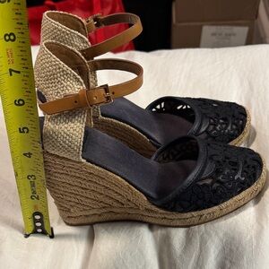Tory Burch dark  blue and Tan Wedge Sandals